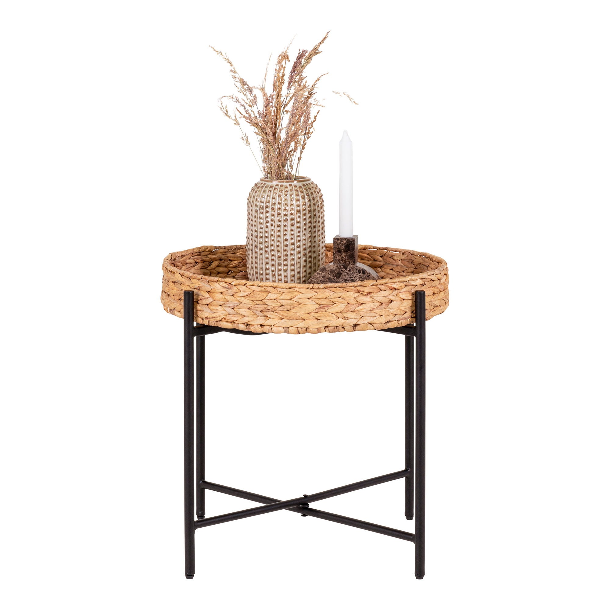 Naro bijzettafel van House Nordic gestyled met beige keramieken vaas vol droogbloemen en bruin marmeren kandelaar